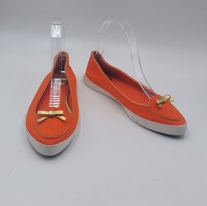 Tory Burch Womens Orange canvas gold leather trim bow fashion casual sneakers